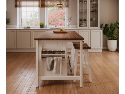 Ilha grande para cozinha em branco laca com o tampo castanho de 160 cm / Coleção Cozzy.